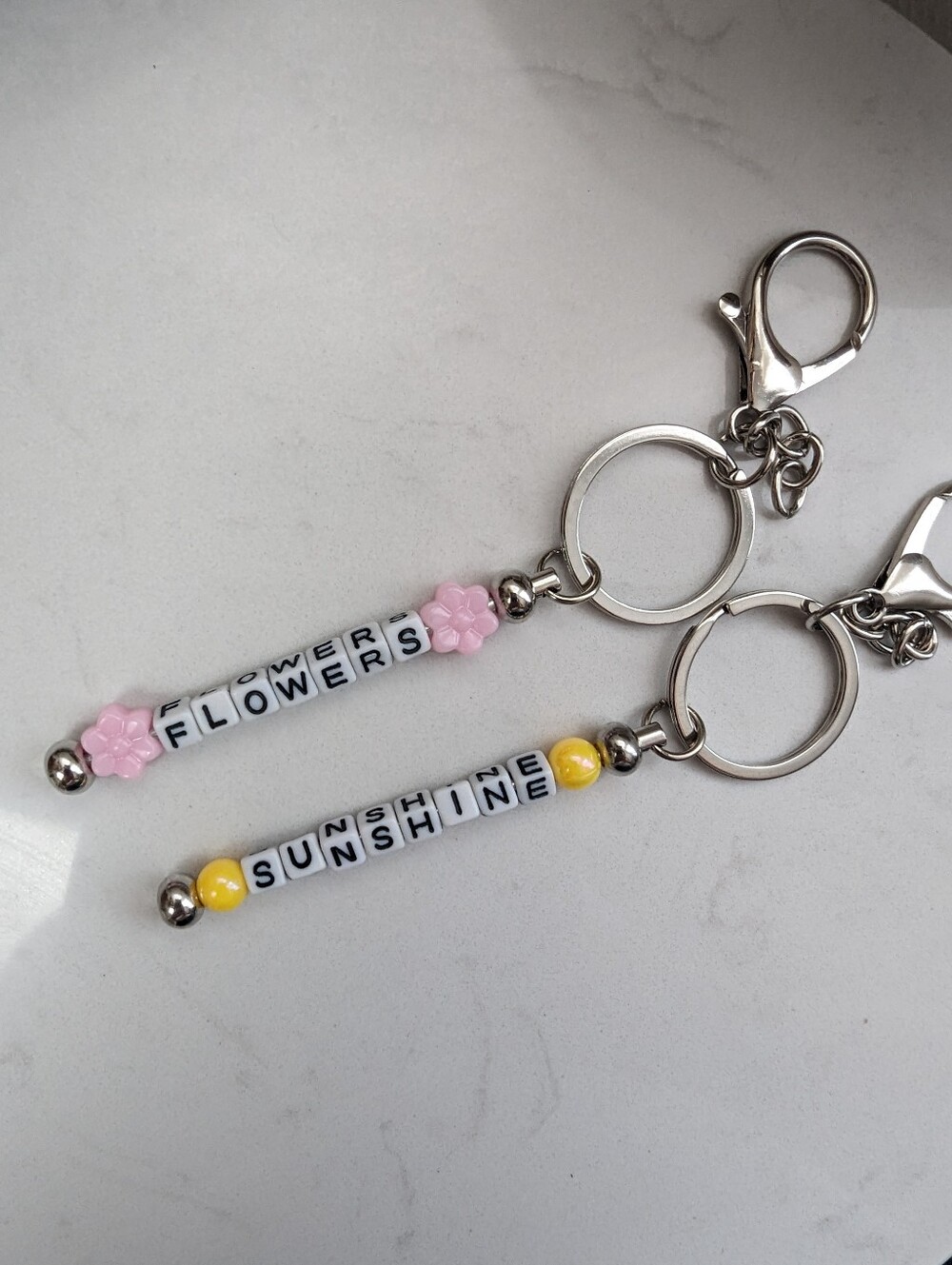 Custom 'SUNSHINE' and 'FLOWERS' Beaded Keychain Set - Pink & Yellow